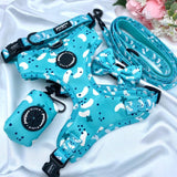 Adjustable cute dog harness with designer pattern for puppy and small to medium dogs featuring quick release buckle
