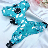 Adjustable cute dog harness with designer pattern for puppy and small to medium dogs featuring quick release buckle