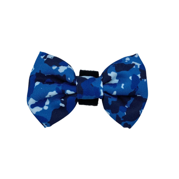 Cute dog bow tie featuring a stylish blue camouflage pattern with velcro fastening