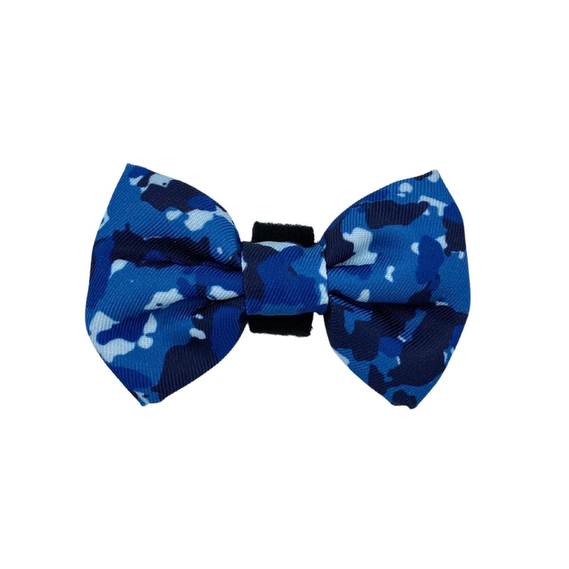 Cute dog bow tie featuring a stylish blue camouflage pattern with velcro fastening