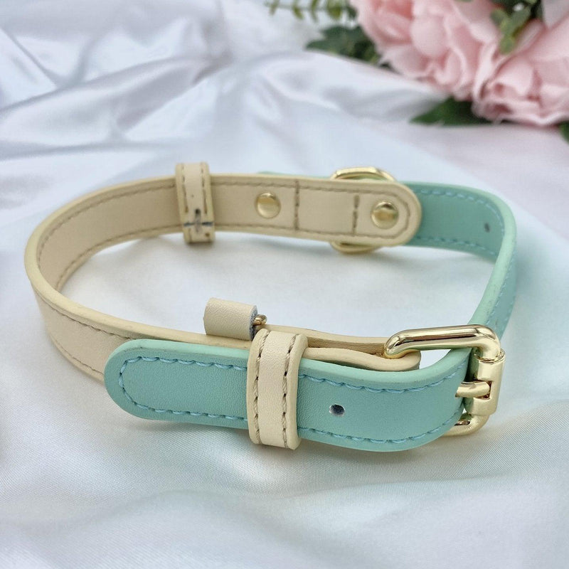 Cream and Green Leather Dog Collar